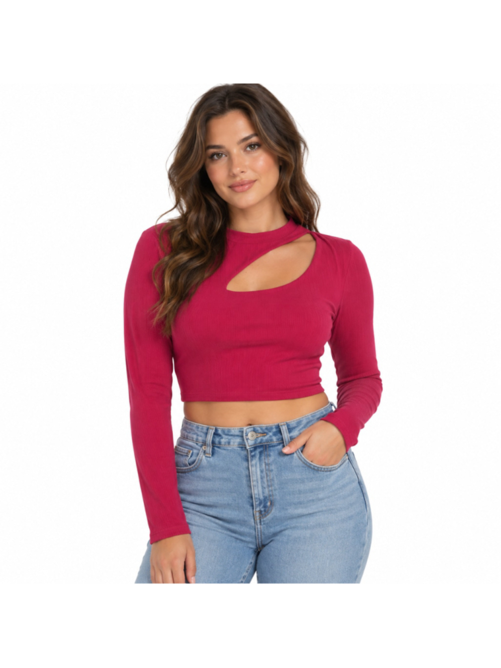 Women’s BTFBM Ribbed Long Sleeve Cut-Out Crop Top – Red – Size XL – NWT
